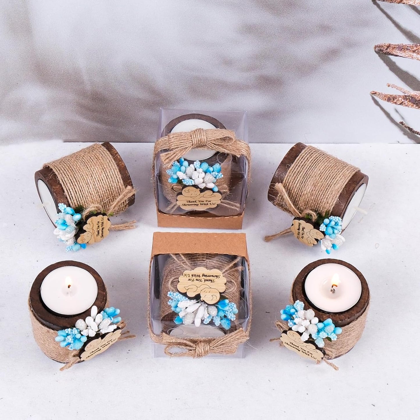 HTF Pack of 10 Baby Shower Decorations Wood Tealight Candle Holder, Babyshower Gifts, Gender Reveal Favors, Baby Shower Favors Wood Candle Holders (BS-Blue, Dark Brown)
