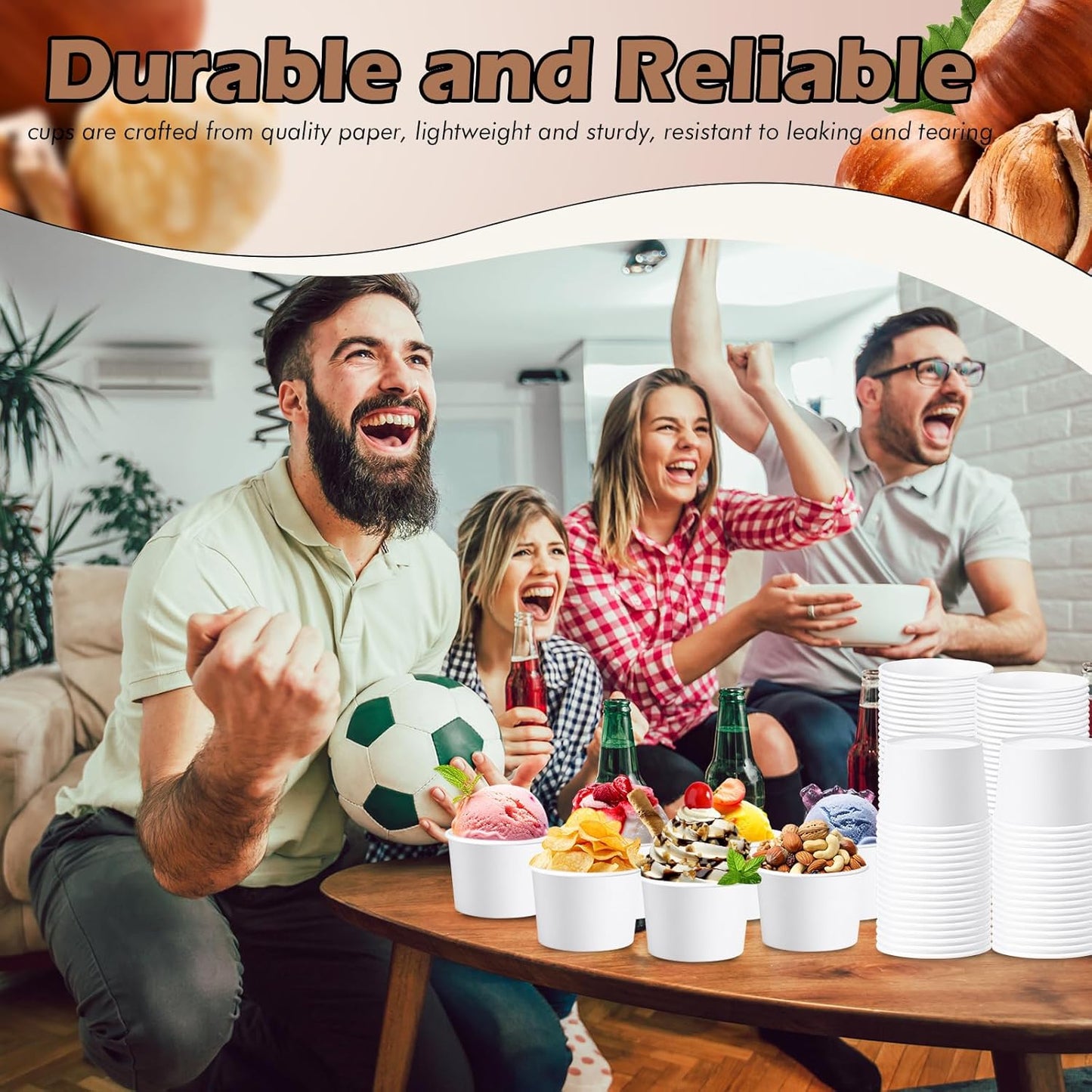 Paper Ice Cream Cups 9oz Colored Disposable Dessert Bowls for Hot or Cold Food Party Cups for Birthday Baby Shower Easter Party Supplies(White,60 Pcs)