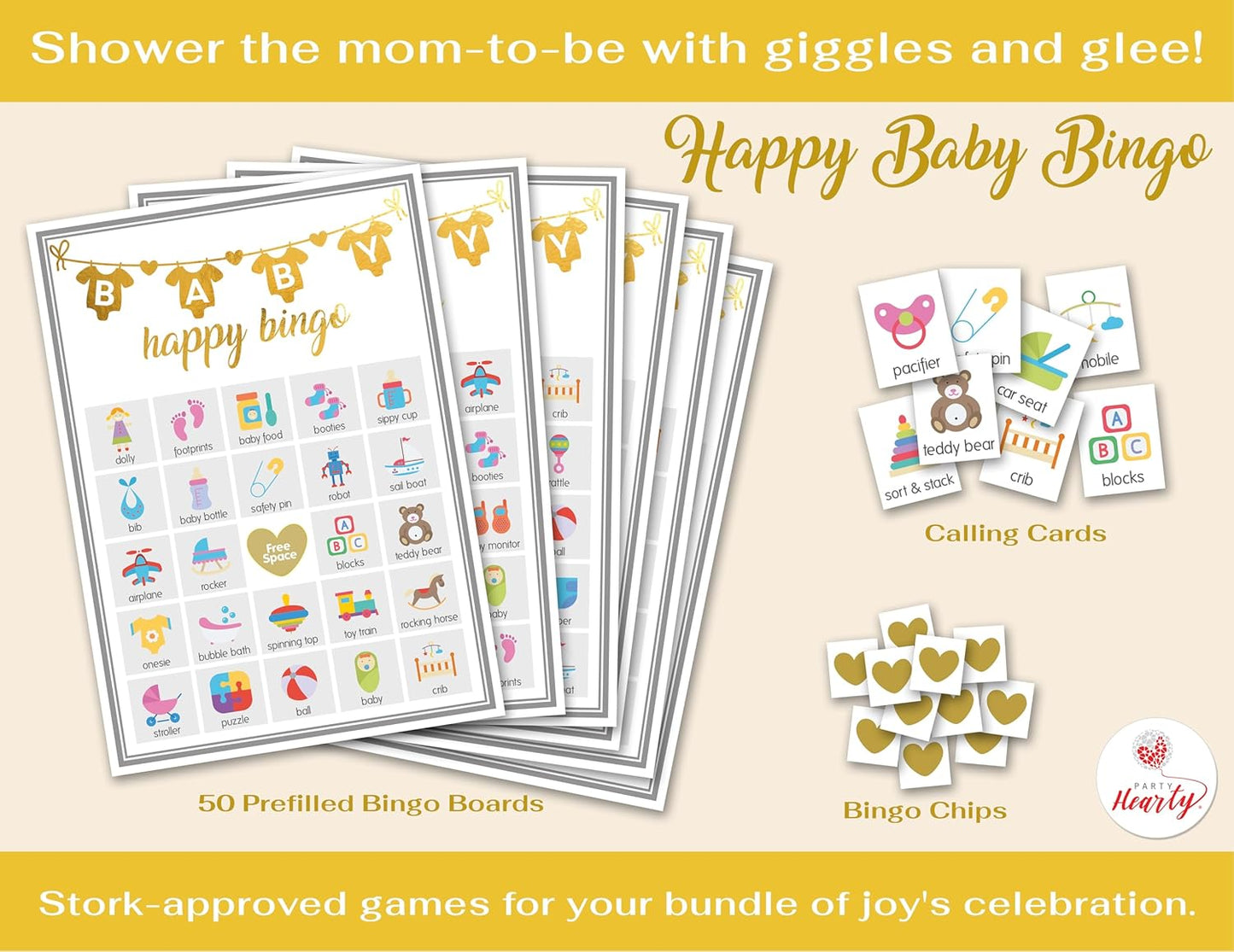 Party Hearty Baby Shower Games for Girl or Boy, 250 pcs 5 Games Activities Cards, Funny Baby Shower Games, Gender Neutral, Baby Shower Ideas