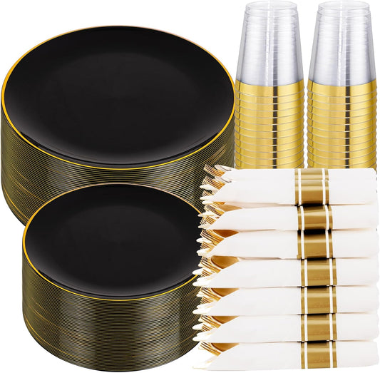 KIRE 350 PCS Plastic Dinnerware Set for 50 Guests - Black and Gold Plates 50 for Dinner 50 for Dessert & 50 Pre Rolled Napkins with Disposable Silverware 50 Cups for New Year/Banquet/Wedding