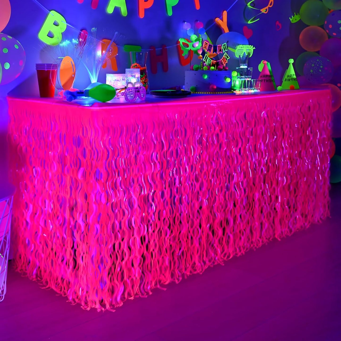 Mega-L Glow in The Dark Party Supplies, 2 Pack Neon Party Decorations Fluorescent Macaron Fuchsia Wavy Metallic Tinsel Foil Fringe Table Skirts, Perfect Table Decors for Glow Birthday Decor