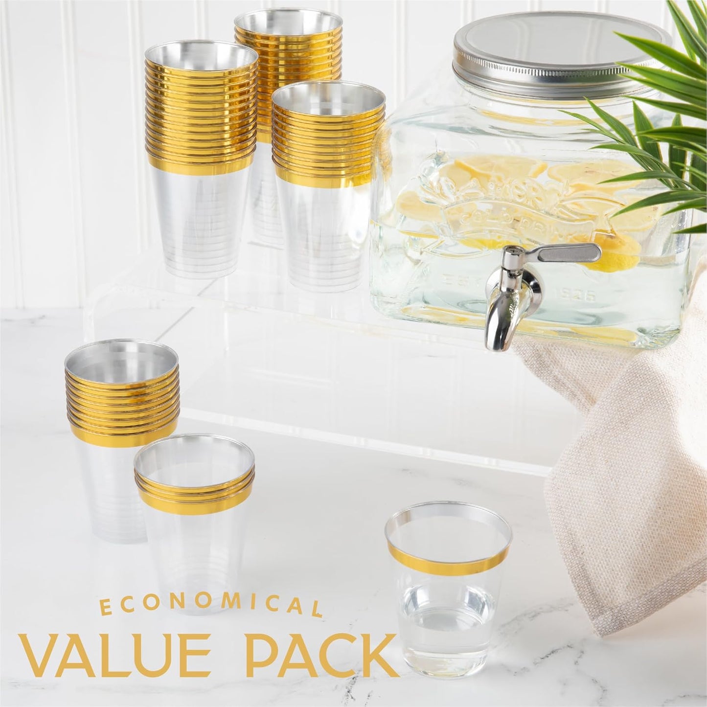 PLASTICPRO Disposable 7 oz Crystal Clear Plastic Tumblers With Gold Rim for Party's & Weddings pack of 100