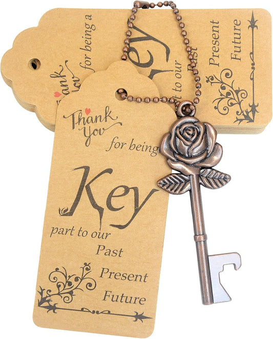 Aokbean 100 Sets Wedding Favors Rose Key Bottle Opener for Bulk Wedding Guests Gifts Vintage Skeleton Key Opener with Escort Tag Cards and Keychain (Copper)