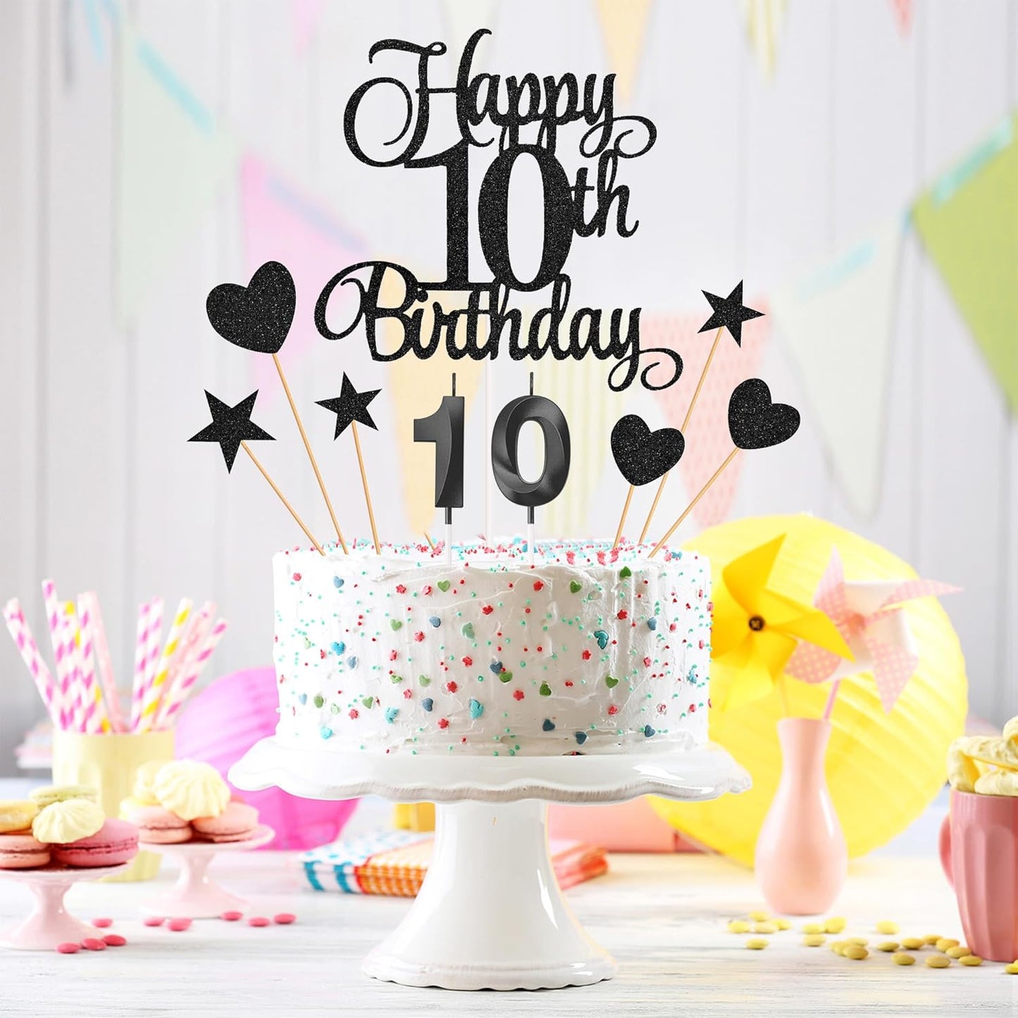 10th Birthday Cake Decorations, 10th Birthday Candles Cake Numeral Candles and Glitter Happy 10th Birthday Cake Toppers Set for Birthday Party Supplies (Black)
