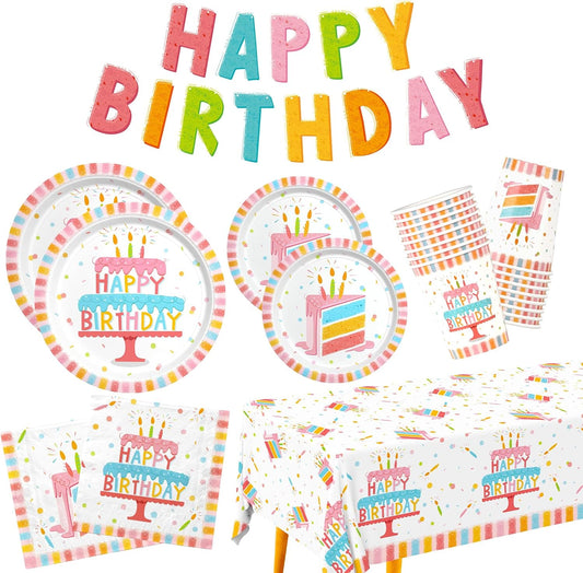 Happy Birthday Party Supplies Set for 25 -Kit with Cake Design Includes Plates, Napkins, Cups, Tablecloth & Banner - for Boys & Girls Birthday Party Decorations