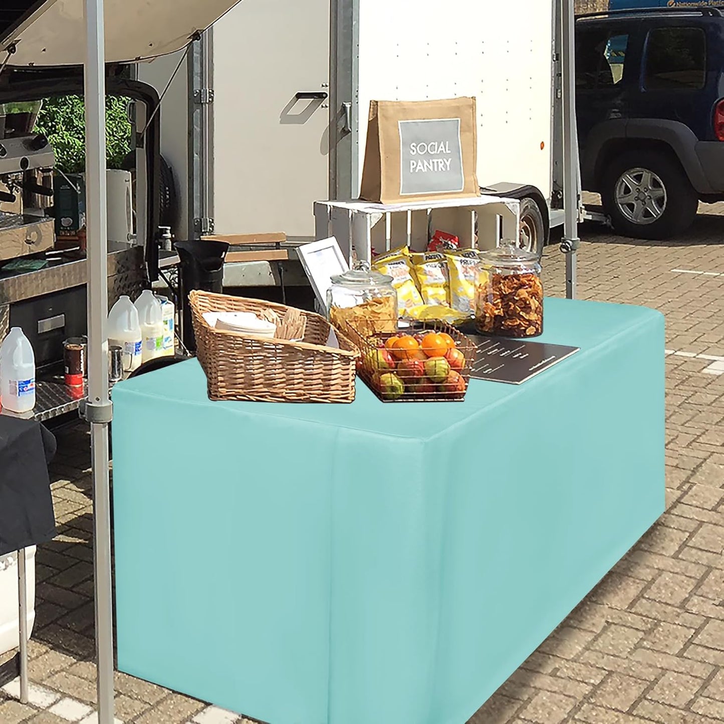 HolidayIdeas Fitted Table Covers - 96 x 30 Inch - 2 Pack Rectangle Tablecloths for 8 Foot Tables, Polyester Fabric Tablecloth for Parties, Holiday Dinner, Trade Show (Aqua)