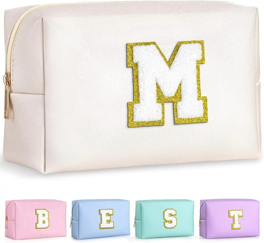 TOPEAST Monogrammed Gifts for Women, Preppy Makeup Bag Small Cosmetic Bag Travel Toiletry Bag, Personalized Birthday Gift for Girl, Wedding Bridal Shower Gifts for Bridesmaids (White M)