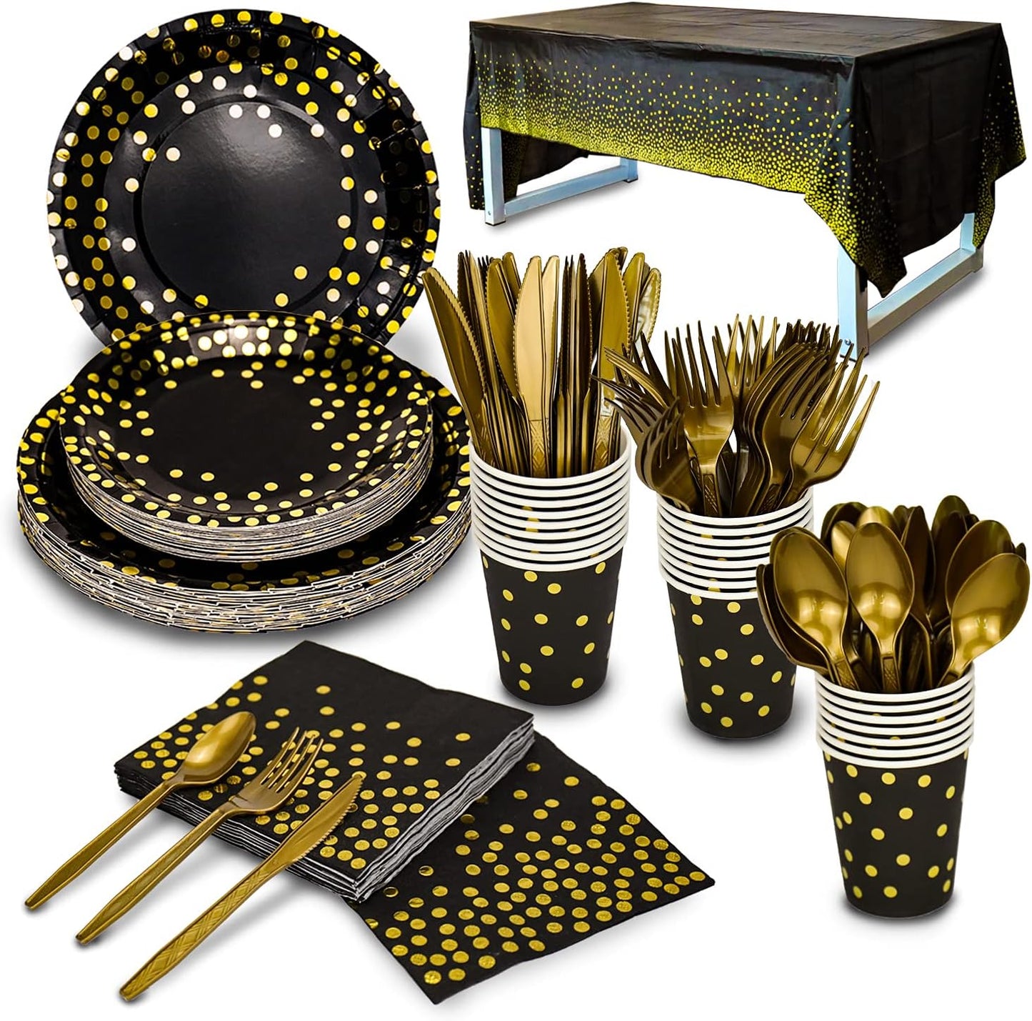 176 Pieces Gold Disposable Party Dinnerware Set &Golden Dot Disposable Party Dinnerware - Black Paper Plates Napkins Cups, Gold Plastic Forks Knives Spoons