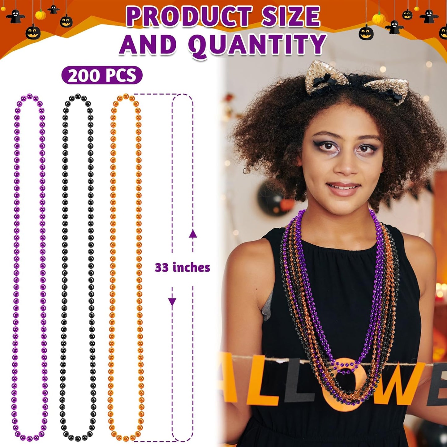 200 PCS Black Purple Orange Beads Necklaces, Halloween Accessories Beaded Bulk, Halloween Bead Necklaces Trick or Treat Supplies Party Favors Parade Throw Decorations Stuff