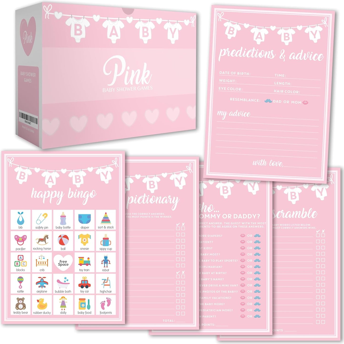 Party Hearty Baby Shower Games for Girl, 250 pcs Pink 5 Games Activities Cards, Funny Baby Shower Games, Baby Shower Ideas