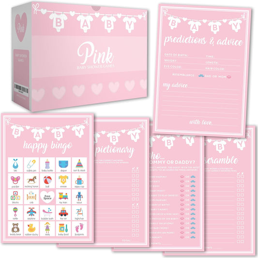 Party Hearty Baby Shower Games for Girl, 250 pcs Pink 5 Games Activities Cards, Funny Baby Shower Games, Baby Shower Ideas