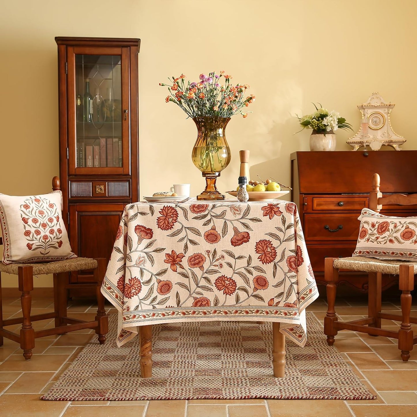 ISAENNE Designer French Long Tablecloth Rectangle,Linen Orange Floral Pattern Indoor Table Cloth,Wrinkle Resistant Decor Table Cloth for Dining Thanksgiving Kitchen Party,63"*102"-Alvarado D