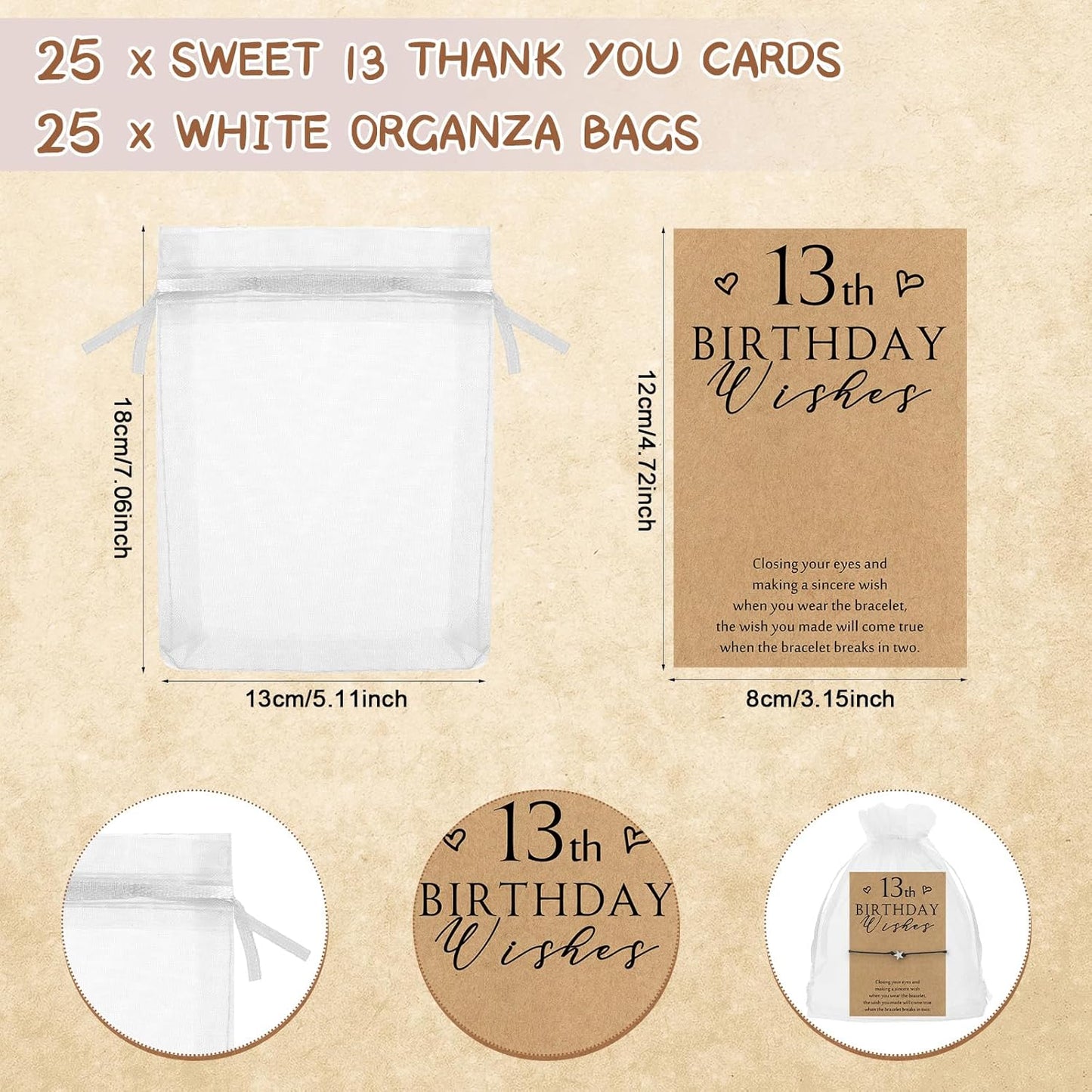 Misdary 25 Set Sweet 13th Birthday Wish Party Favors for Guests Include Adjustable Heart Charm Star Bracelets Gift with Thank You Wish Cards for Birthday Souvenirs Party Supplies Decor