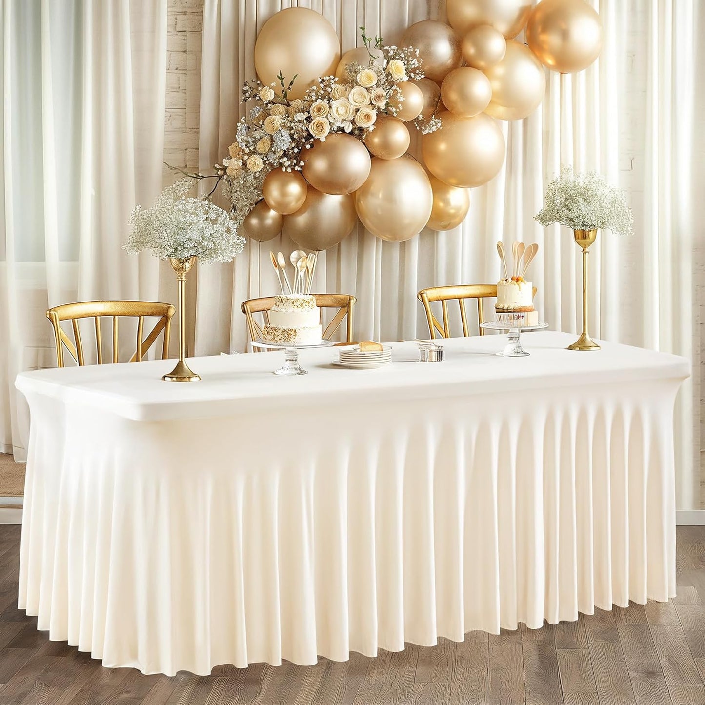 PARTISKY Ivory Spandex Tablecloth for 4ft Rectangle Tables, Stretchable Table Cover Skirt for Folding Tables Weddings Parties Banquets Events Trade Shows and Dessert Table