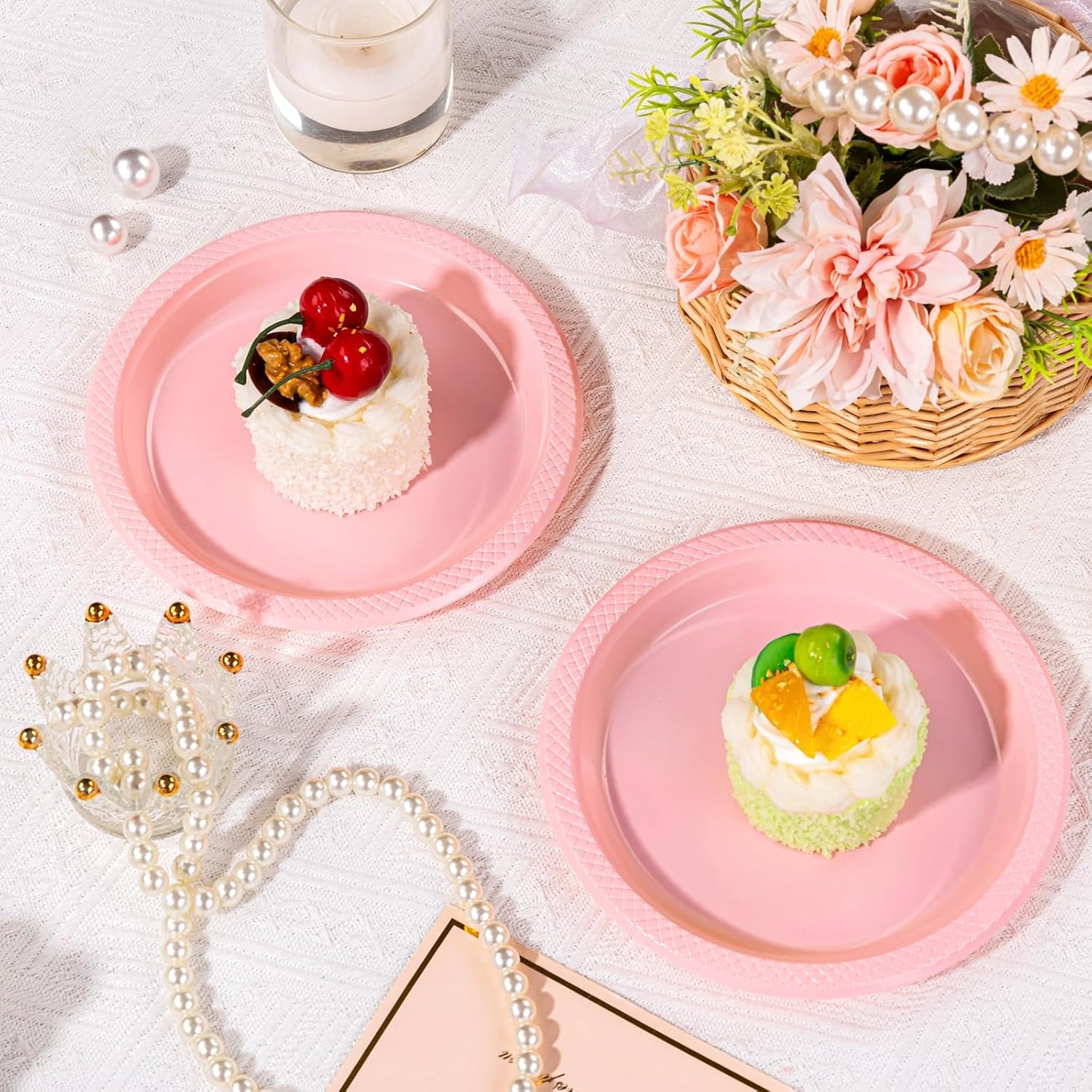 WELLIFE 7 Inch Plastic Plates Pink 50 Count Disposable Plate for Party, Dessert Small Plates for Dinner Cake Salad Supplies Birthday Valentine's Day, Mother's Day