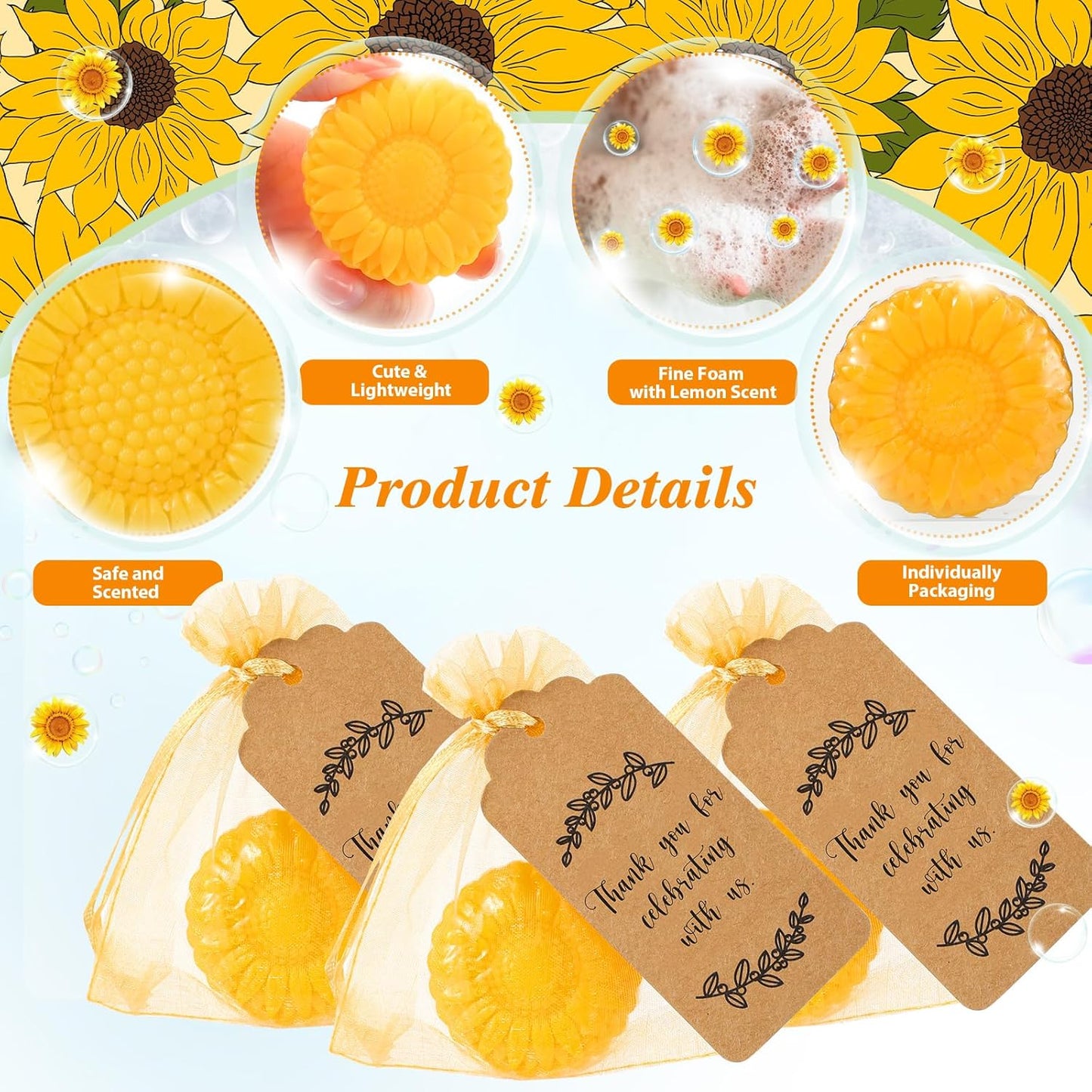 Demissle 50 Set Sunflower Soap Favors Fall Wedding Favors with Thank You Tag Gift Pouches Fall Party Supply for Adults Guests Return Gift Autumn Bridal Shower Baby Shower Decorations