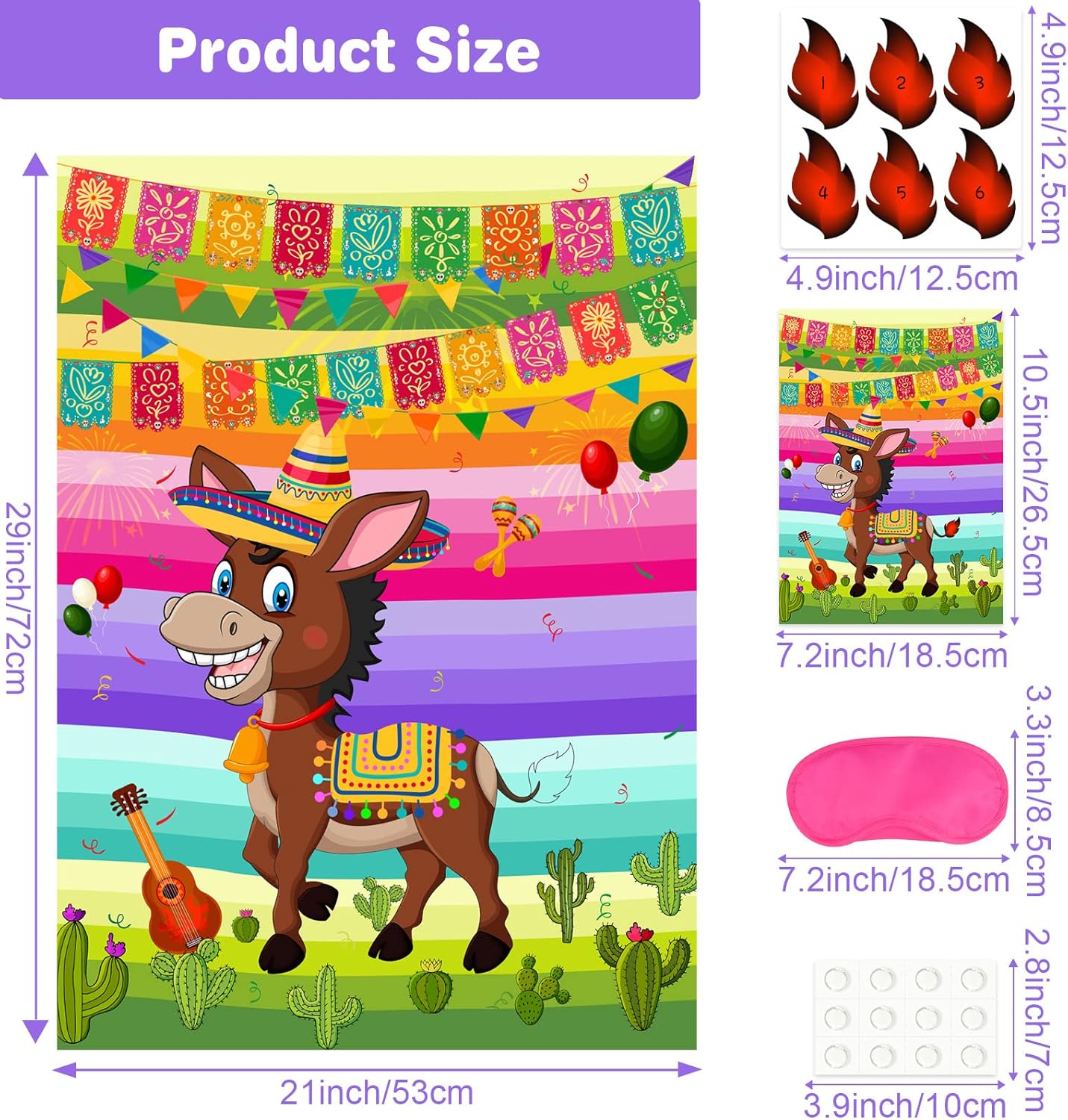 NEBURORA Pin The Tail on The Donkey Mexican Donkey Game with 24Pcs Tails Cinco De Mayo Party Mexican Party Fiesta Themed Taco Party Decorations Kids Birthday Supplies