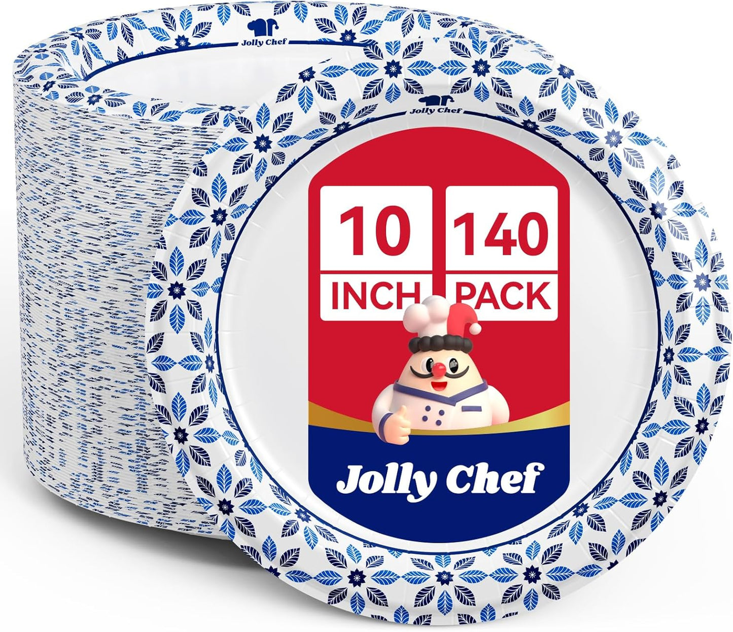 JOLLY CHEF 10 inch Disposable Paper Plates 140 Count, Soak Proof, Cut Proof, Heavy Duty Paper Plates for Everyday Use