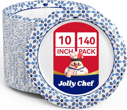 JOLLY CHEF 10 inch Disposable Paper Plates 140 Count, Soak Proof, Cut Proof, Heavy Duty Paper Plates for Everyday Use
