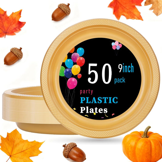 WELLIFE Gold Plastic Plates 9 Inch 50 Count Disposable Plate Thanksgiving Plates for Party, Dessert Plate for Dinner Cake Salad Supplies Birthday