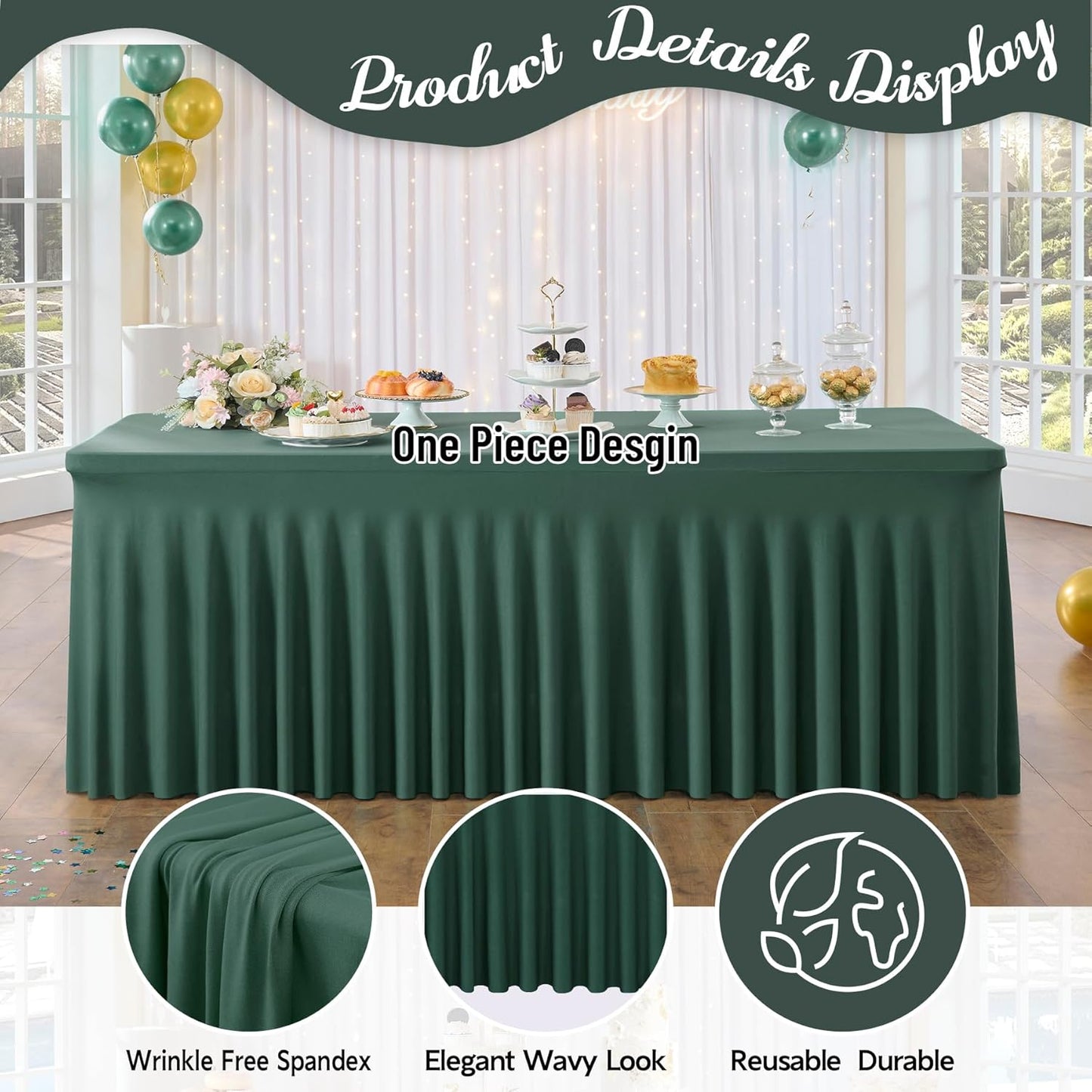 Hunter Green Spandex Table Clothes for 8 Foot Rectangle Tables, 2 Pack Wrinkle Free Rectangle Table Cloth 8ft Stretch Fitted Tablecloths with Skirt for Parties Weddings Birthday Banquet Baby Shower