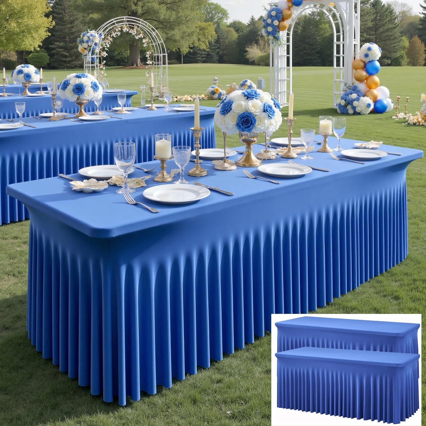 2 pk Royal Blue Spandex Tablecloths 8ft with Ruffle Table Skirt, Wrinkle Free Stretchy Fitted Tablecloth for 8 Foot Rectangle Tables, Elastic Spandex Table Covers 8ft for Party Wedding Banquet