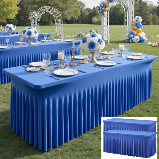2 pk Royal Blue Spandex Tablecloths 8ft with Ruffle Table Skirt, Wrinkle Free Stretchy Fitted Tablecloth for 8 Foot Rectangle Tables, Elastic Spandex Table Covers 8ft for Party Wedding Banquet