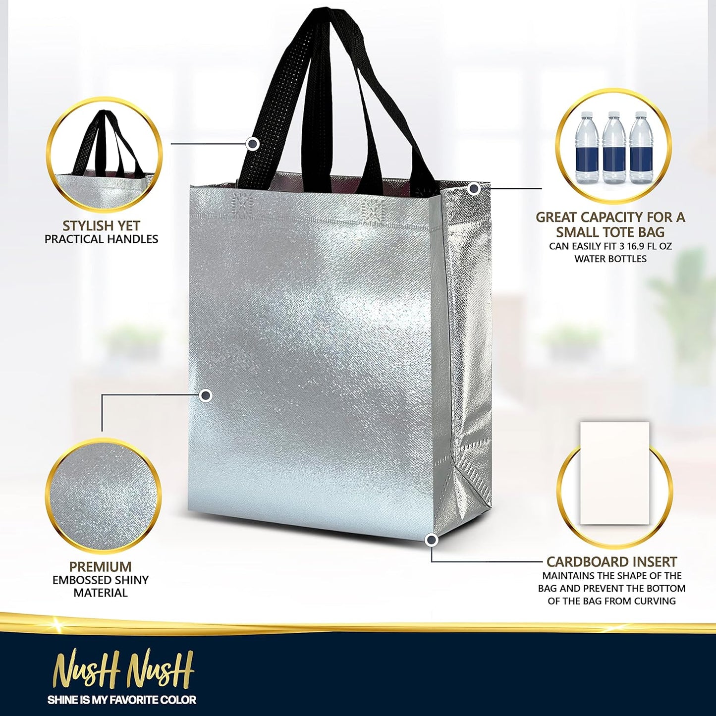 Nush Nush Silver Gift Bags Bulk Medium Size - Set of 30 Reusable Gift Bags with Handles - Bulk Goodie Bag for Birthday Party, Christmas, Thanksgiving, Wedding, Bridal Shower, Return Gifts - 8X4X10