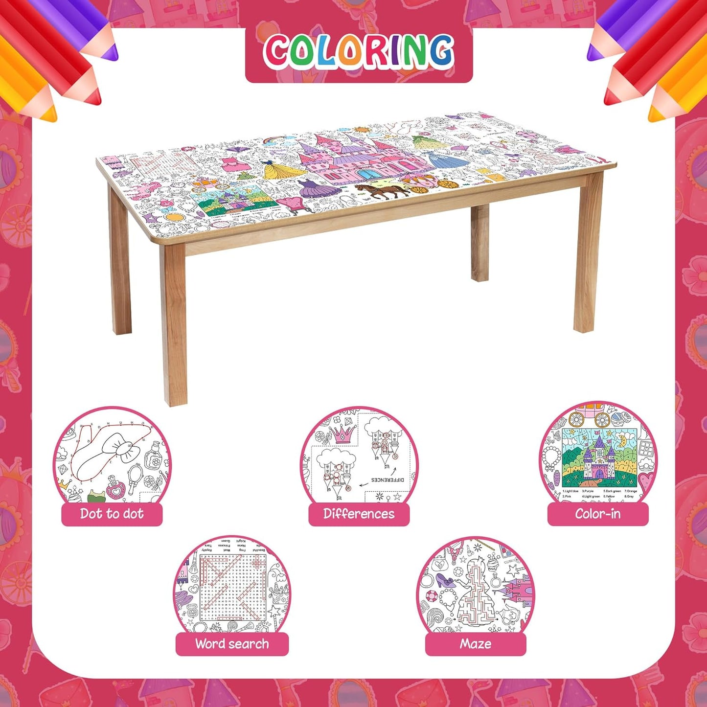 Princess Coloring Tablecloth for Kids, Giant 30x72 Inch Poster with Castles, Crowns, Fairy Tale Icons, Perfect for Girls Princess Party Games, Royal Decorations, Celebration Supplies