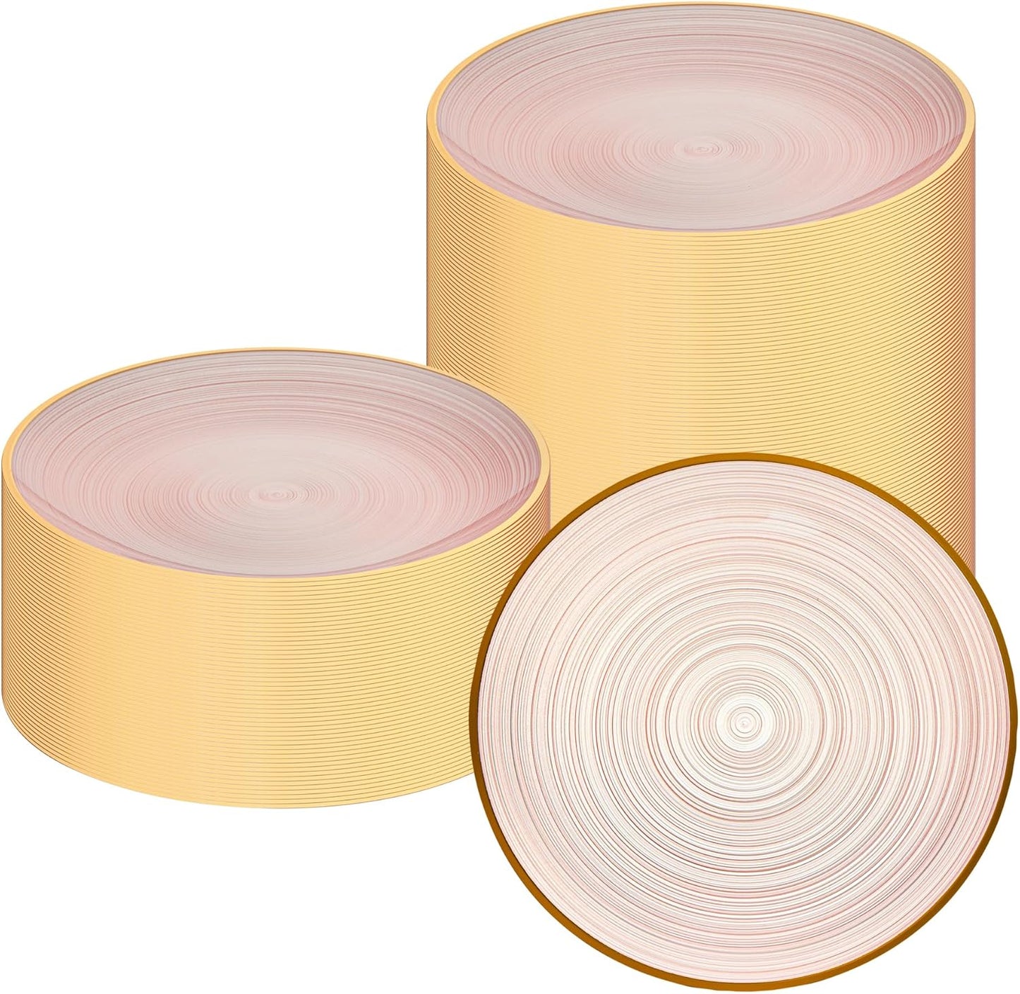 Restaurantware Plastic Plates 100 Pcs 7.25" Gold Rimmed Disposable Plates Heavy-Duty Pink Translucent Rippled Plastic Dinner Servers for Party, Weddings, Salads, Desserts, and Appetizers