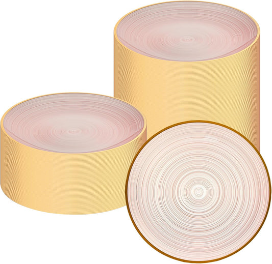 Restaurantware Plastic Plates 100 Pcs 7.25" Gold Rimmed Disposable Plates Heavy-Duty Pink Translucent Rippled Plastic Dinner Servers for Party, Weddings, Salads, Desserts, and Appetizers