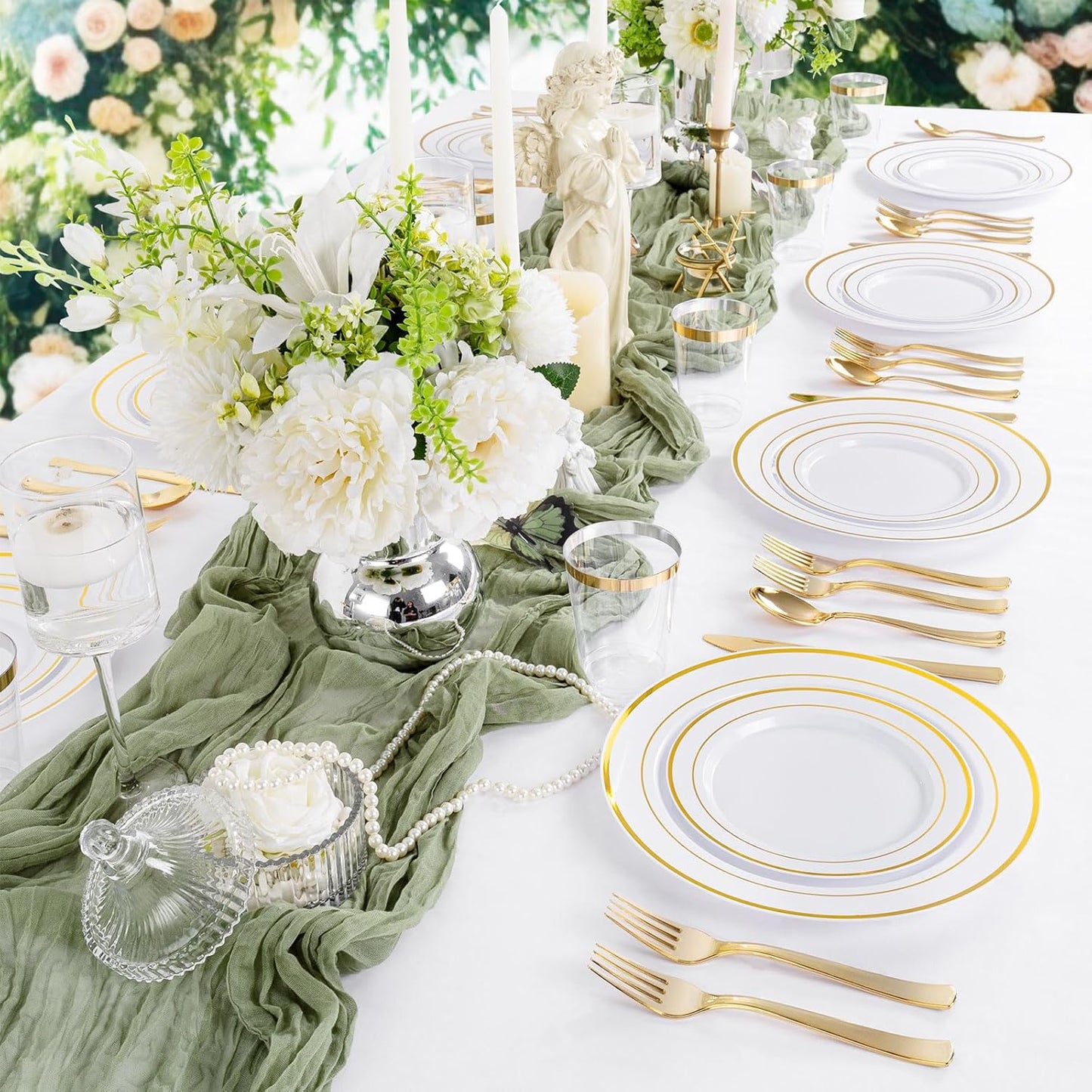 Supernal 200pcs Gold Plastic Dinnerware included 25 Party Dinner Plates 25 Dessert Plates 25 Disposable Cups and 25 Paper Napkins Disposable 25 Spoons 25 Knives 50 Forks for Party and Wedding