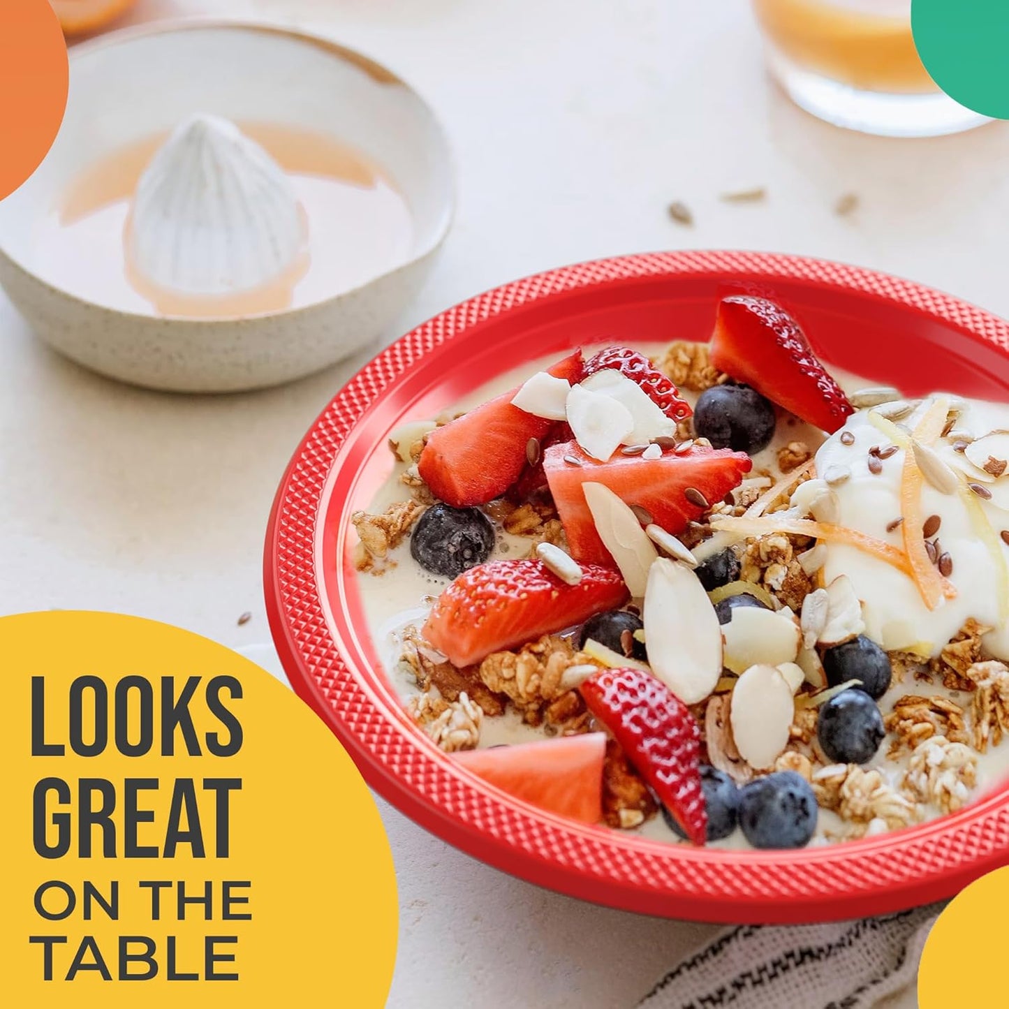 Exquisite Party Solids 12 Oz Red Plastic Bowls Disposable Bowls for Hot Food Soup 100 Pcs - For Soup, Salad, Cereal, Desserts & Party Supplies