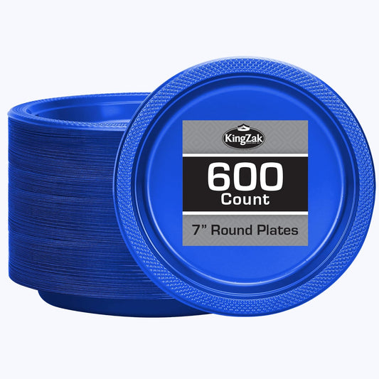 Hanna K. Signature Collection Blue Plastic Plates 7 Inch - 600 count Solid Round Party For Weddings, BBQs, Birthday Disposable Dessert (82270 (case))
