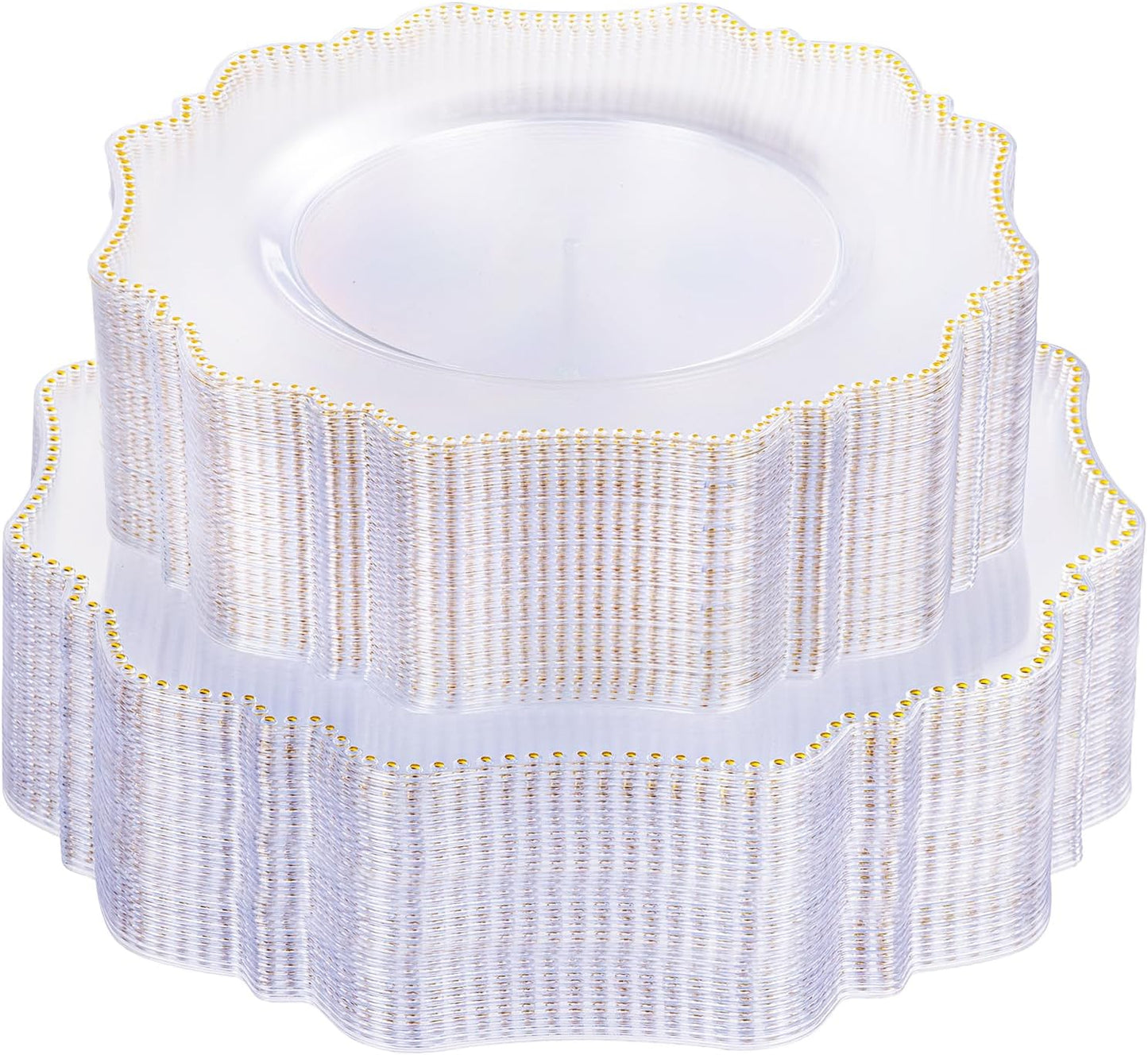 COLOSUS 100pcs Clear and Gold Plastic Plates Disposable Heavy duty Plastic Party Plates set Include 50 dinner plate and 50 dessert/salad plate for party/wedding