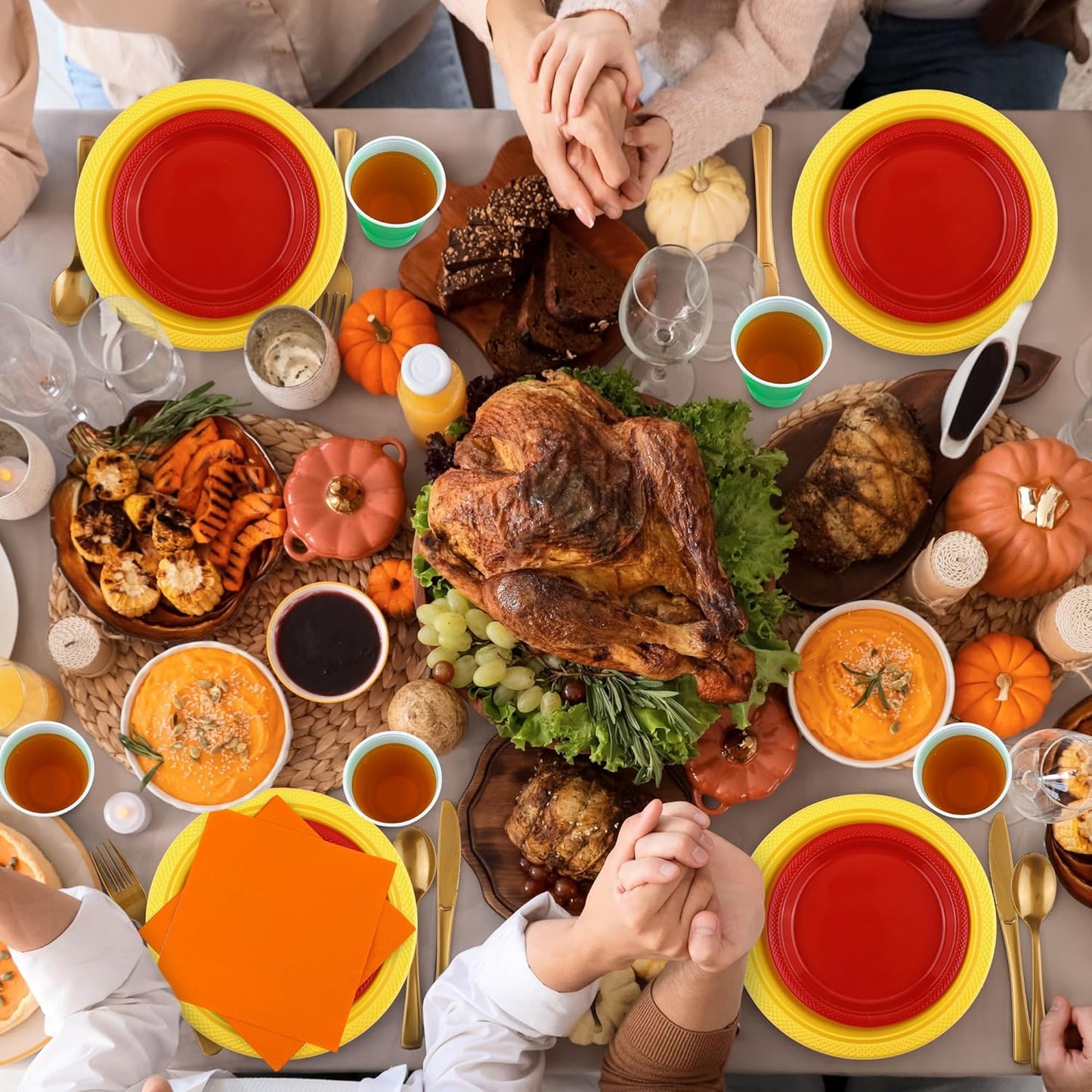 Aodaer 400 Pieces Fall Thanksgiving Party Supplies Disposable Autumn Dinnerware Set Include Plastic Dinner Dessert Plates Cups Cutlery Paper Napkins for Fall Harvest Thanksgiving Party, Serve 50 Guest