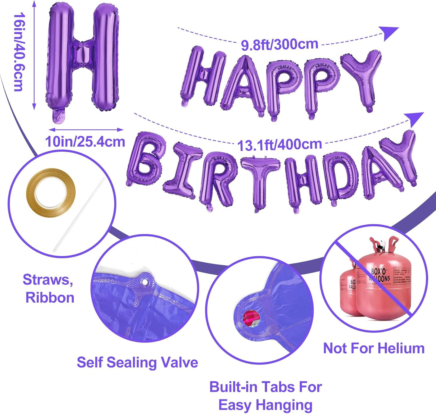 LIOZEOKUN Happy Birthday Balloon Letters 16 inch Mylar Foil Birthday Balloons Banner Sign for Birthday Party Decorations Supplies (Purple)
