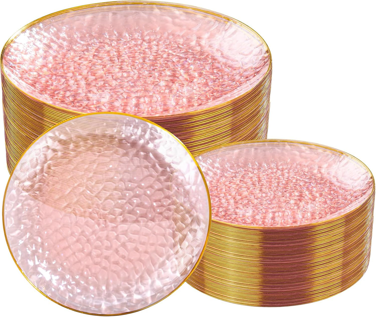 Rubtlamp 100Pcs Clear Pink Gold Plastic Plates, Pink Disposable Plates With Gold Rim, Hammered Plastic Plates Include 50 Clear Dessert Platos, 50 Dinner Platos for Party