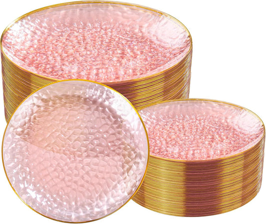 Rubtlamp 100Pcs Clear Pink Gold Plastic Plates, Pink Disposable Plates With Gold Rim, Hammered Plastic Plates Include 50 Clear Dessert Platos, 50 Dinner Platos for Party