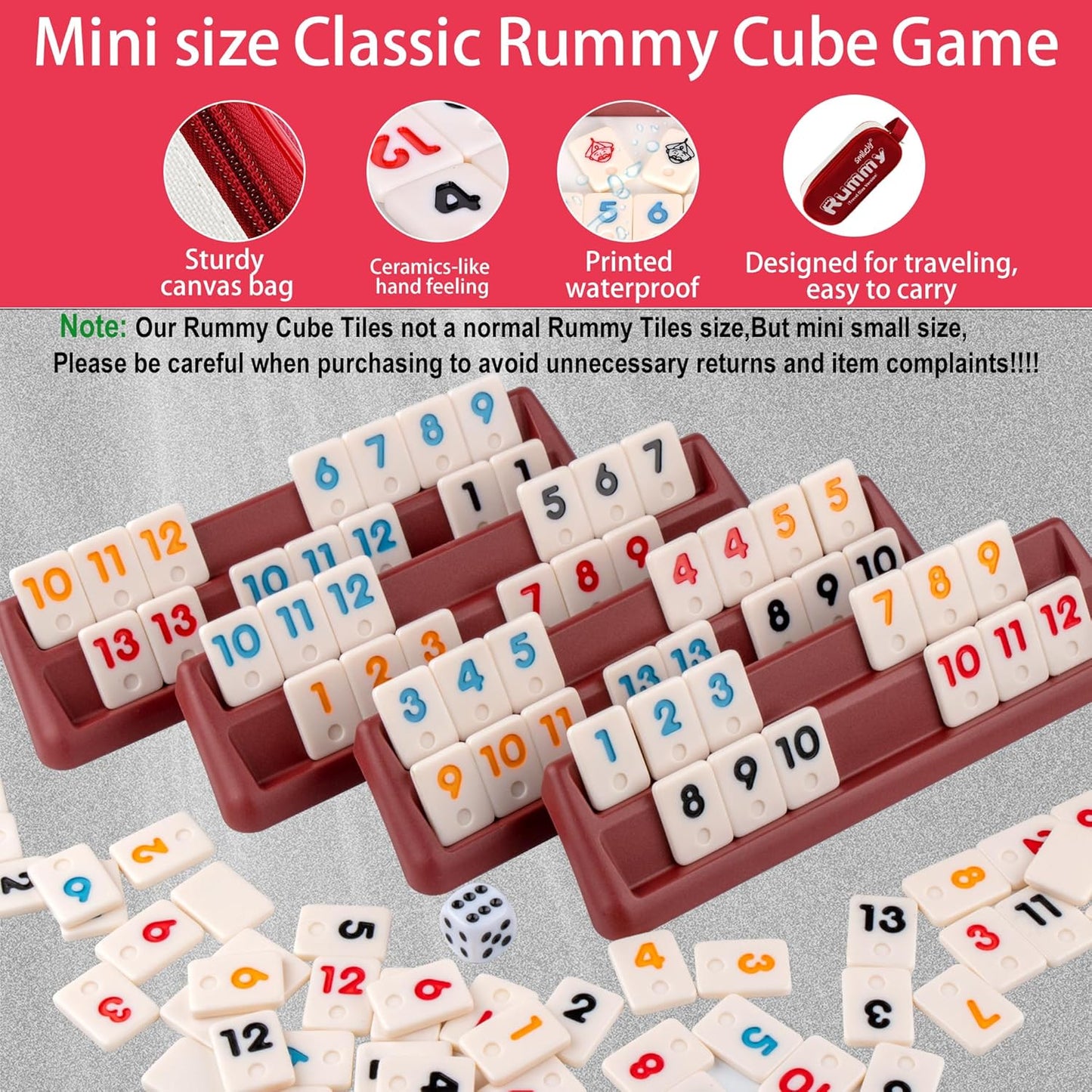 Smilejoy Mini Rummy Cube 4 Players Edition,Travel Rummy Game Set with Portable Canvas Bag,Classic Board Game for Adults and Kids |106 Tiles | 4 Playing Racks |1 Dice | (2-4 Player)