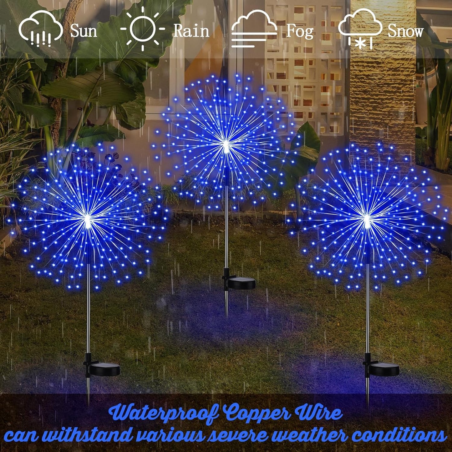 4 Pack Christmas Solar Firework Lights Decorations Garden Pathway Solar Power Light Stake Waterproof Landscape Lamp with 180 LED 8 Modes for Christmas Party Decoration(Blue)