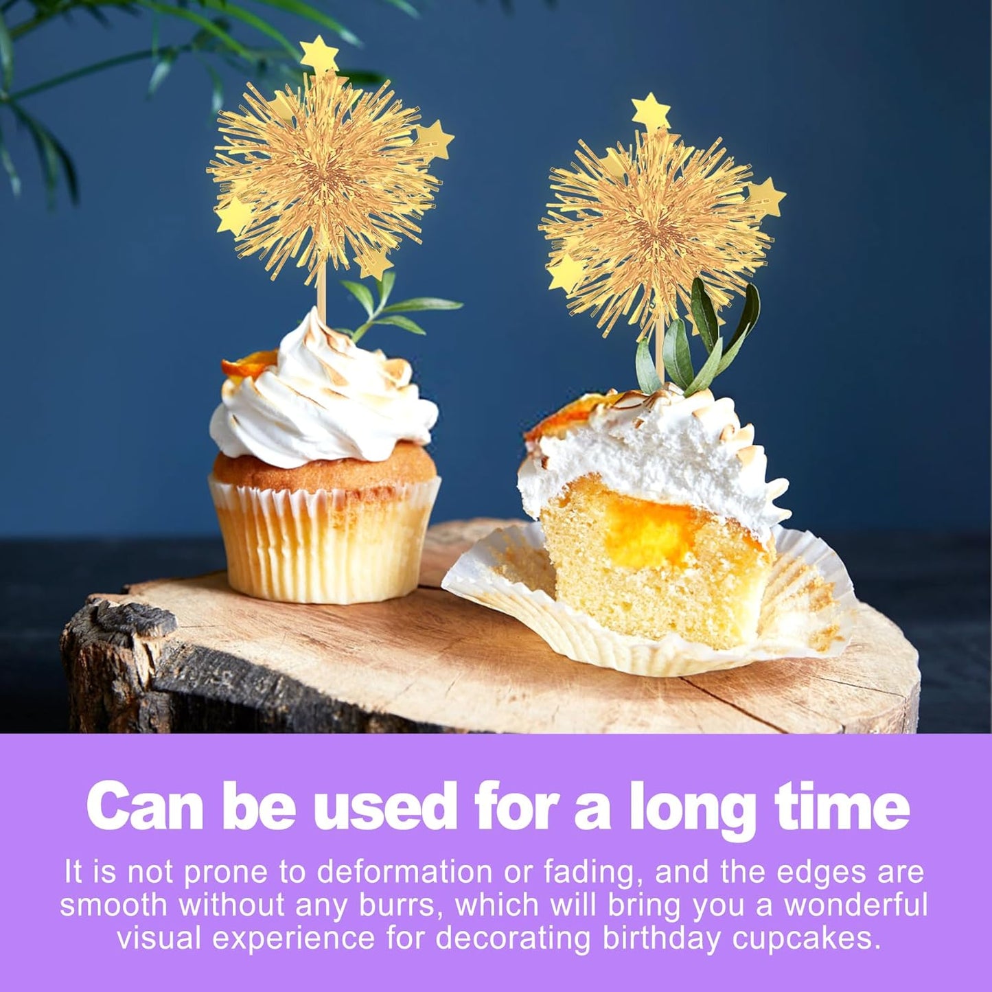 30 Pack Gold Firework Cake Toppers for Cupcakes and Desserts Sparkly Tinsel Cocktail Sticks for Celebration Anniversary Party Décor