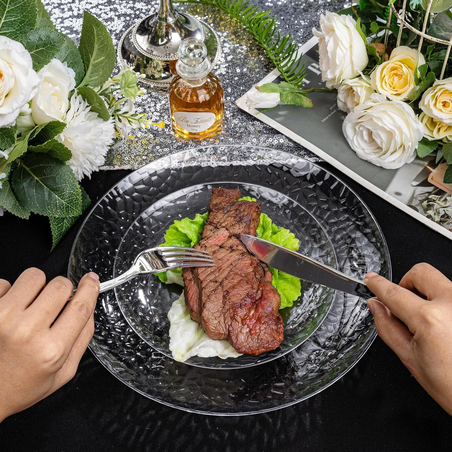 Rubtlamp 100Pcs Clear Plastic Plates, Heavy-Duty Party Plates, clear hammered plastic plates Include 50 Clear Dessert/Salad Platos, 50 Dinner Platos for Party