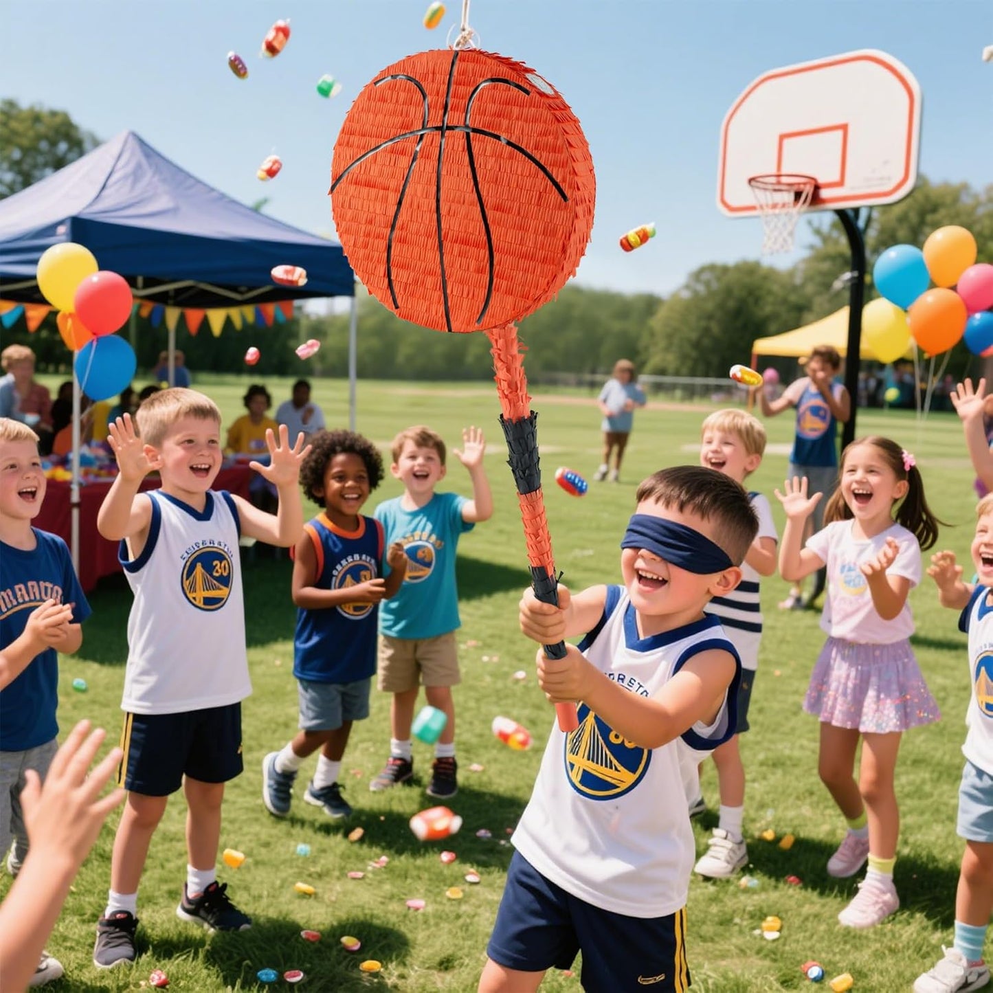 PCFING 18 Inch Basketball Piñata with 30 Inch Piñata Stick Blindfold Confetti for Boys Girls Adults Birthday Party Game Decorations, Anniversary Celebration, Fiesta