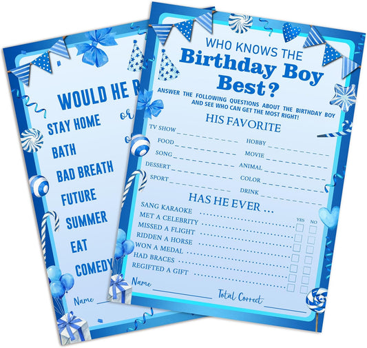 Who Knows The Birthday Boy Best Game Cards - Birthday Sleepover Party Supplies Activity Decorations for The Boy Card Game 5x7 Inch Set of 25 Cards (Double-Sided) - A02