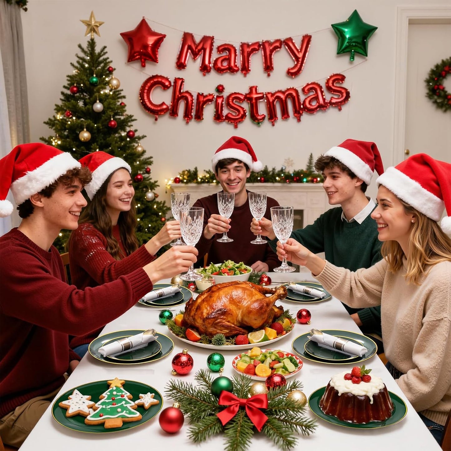 KIRE 350PCS Green Plates Disposable - Heavy Duty Christmas Plates - 50Guest Include Green Plastic Dinnerware - Pro Rolled Napkins with Gold Silverware and Cups for Christmas&Party