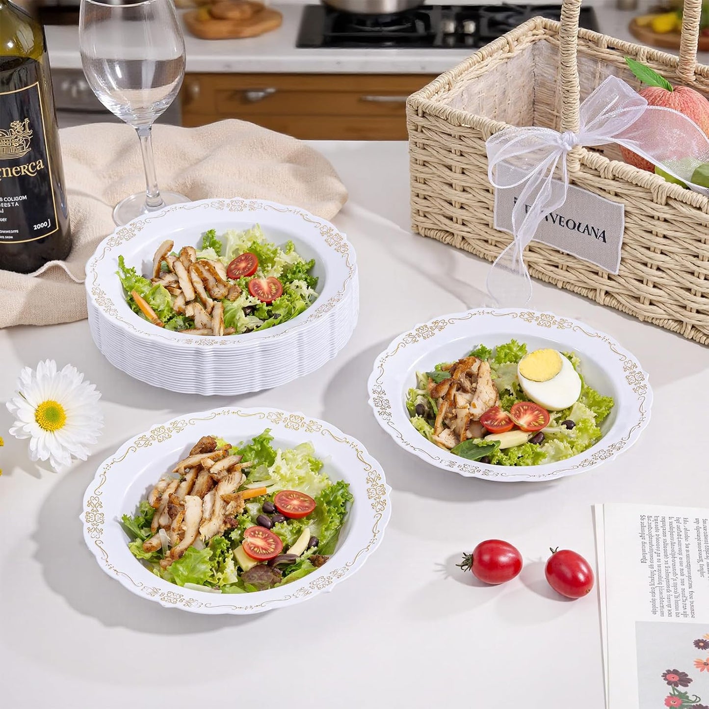 DaYammi 50 Pack Plastic Bowls with Gold Rim, 12oz Disposable Soup Bowls, Heavy Duty Dinner Bowls for Weddings, Parties, Dinners, Catering and Everyday Use