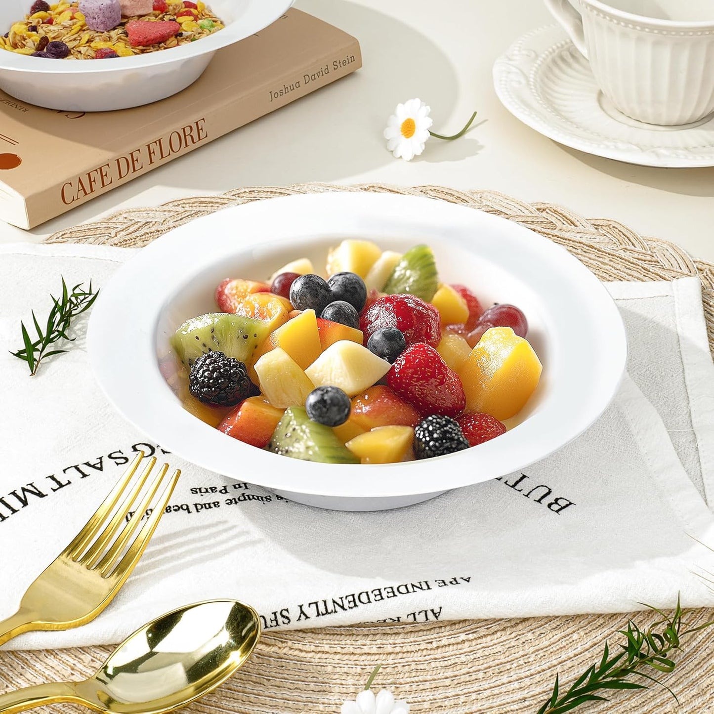 BESTVIP 100 Pack White Plastic Bowls, 12 oz Disposable Soup Bowls, Heavy-duty Dessert Salad Bowl for Christmas, Thanksgiving, Party, Wedding, Dinner, Catering