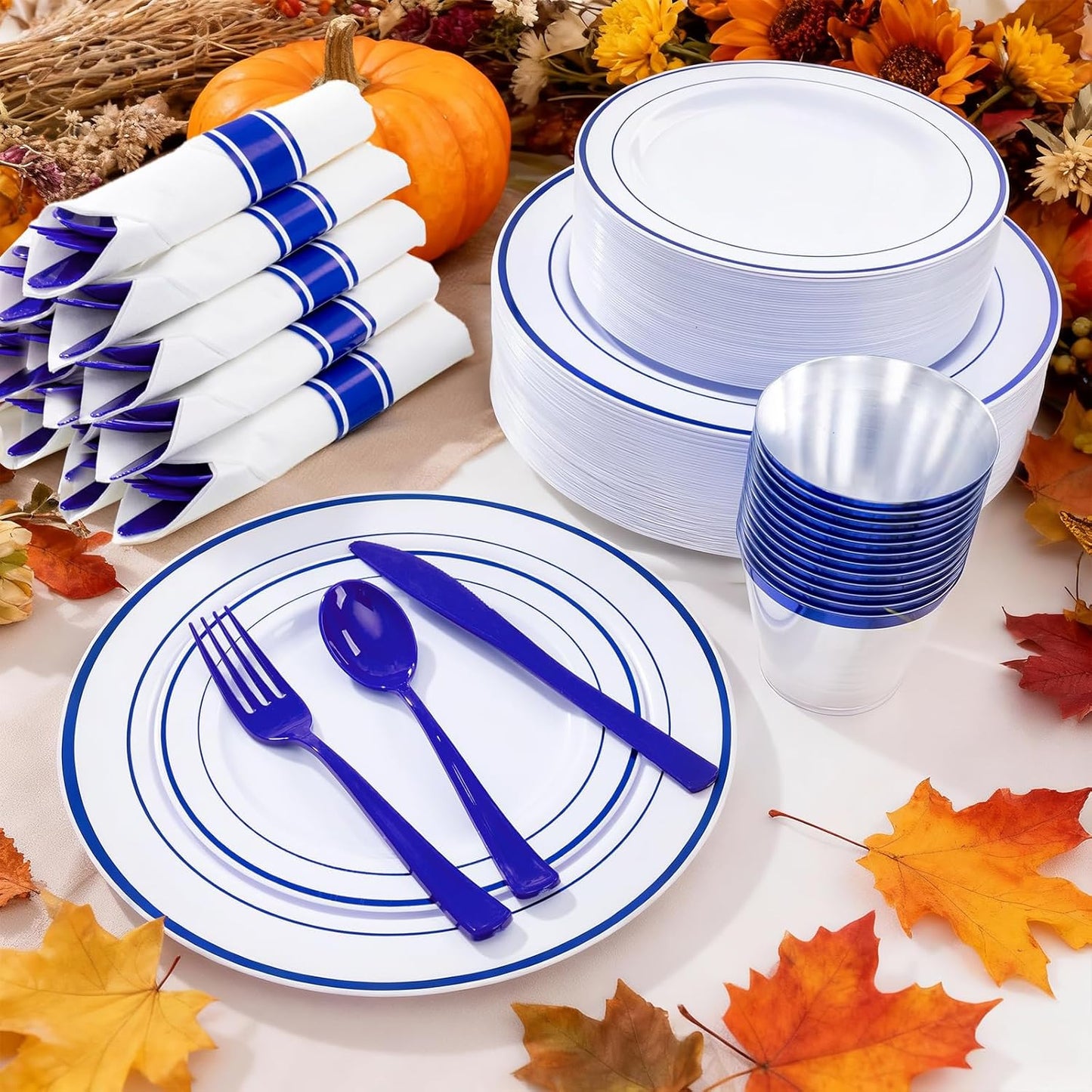 WELLIFE 210 Piece Blue Disposable Dinnerware Set,Plastic Plates for Party, Include: 30 Dinner Plates, 30 Dessert Plates, 30 Pre Rolled Napkins with Gold Silverware and 30 Gold Cups