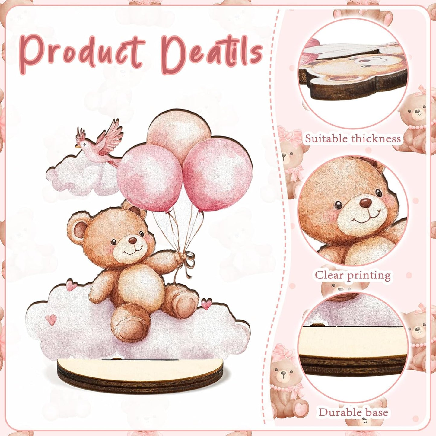 16 Pcs Wooden Baby Shower Table Centerpiece Pink Bear Tabletop Detachable Sign It's A Girl Gender Reveal Table Toppers Display Decoration Bear Birthday Photo Props Party Favor Supplies